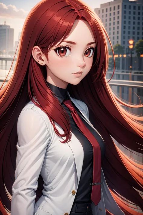 woman, from side, long red hair, brown eyes, ear, white coat, black blouse, tie, cityscape <lora:red_woman_01:0.6>