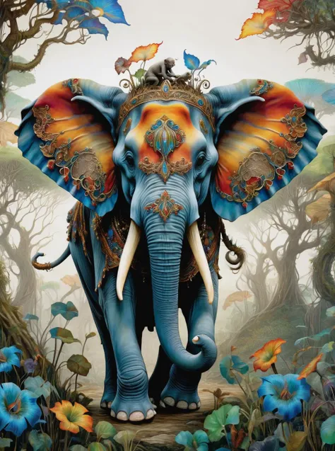 Elephant , 4k high resolution, intricate detail, vibrant colors, Wendy Froud Style, <lora:SDXLStencilStyleFAE:0.7> <lora:Wendy Froud Style:0.5>