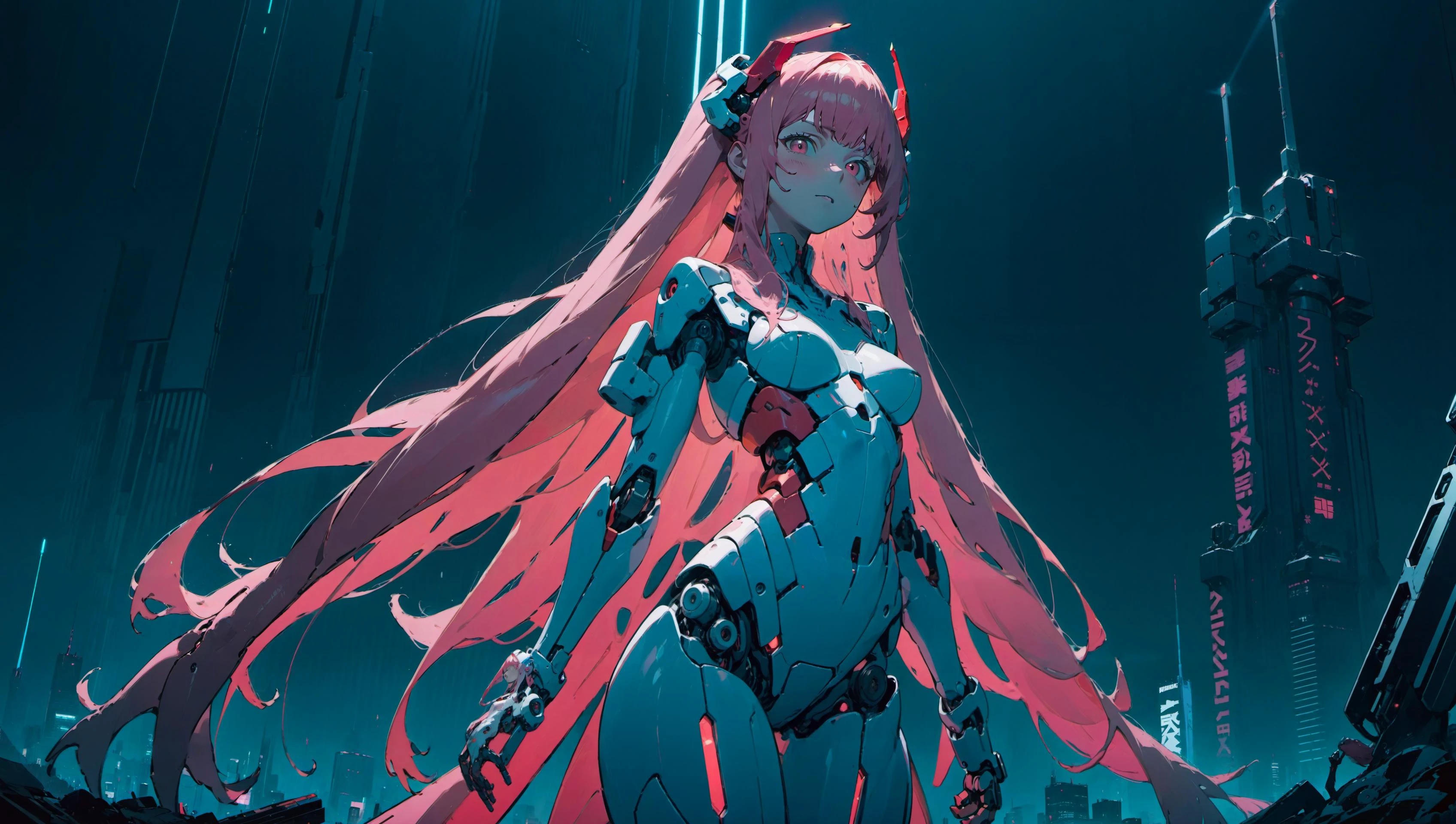 high quality, full body, zero two \(darling in the franxx\) in a cyberpunk style with robotic arm, long pink hair, in a cyberpunk landscape, small red horns, <lora:SDXLStencilStyleFAE:0.5> <lora:CyberPunkAI:0.8> <lora:zerotwo-nvwls-v1:1>