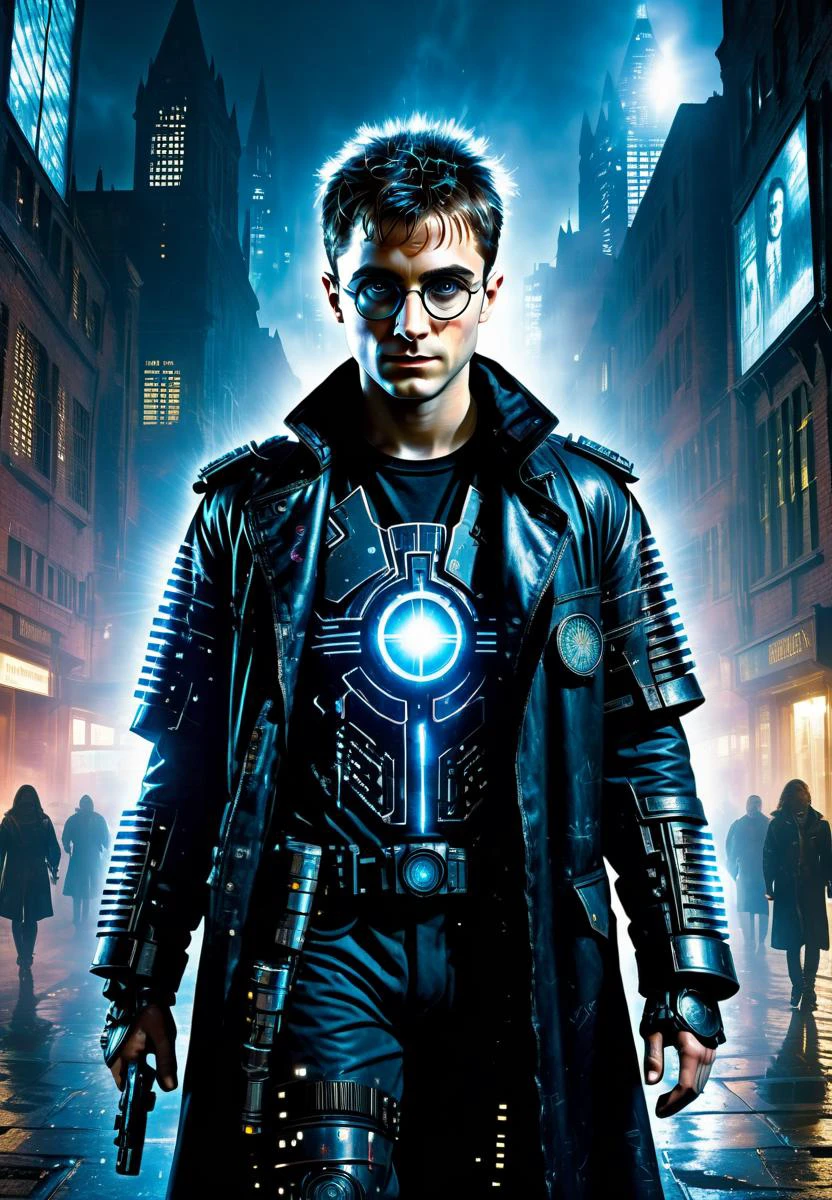 (cyborg:1.3), bladerunner, dark misty street, Photo of Harry Potter as Cyberpunk Wizard in a dystopian cyberpunk city, punk hairstyle, cybernetic face modifications, body modification, <lora:SDXLStencilStyleFAE:0.5> stencil style, stenciled,