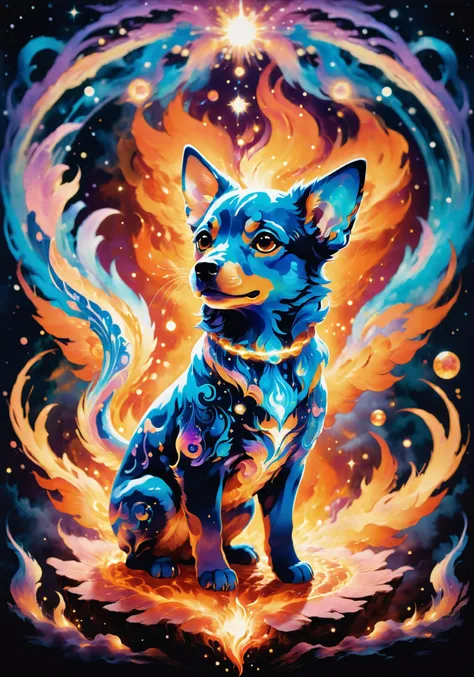 Whimsical and Playful, Astral Aura, ethereal fantasy concept art of Adorable Kawaii, psychedelic style (Masterpiece, high quality, best quality, official art, beauty and aesthetics:1.2),fire element,a dog made of hellfire,fire, cerberus,(dog:1.2), <lora:SDXLStencilStyleFAE:0.6> <lora:xl-shanbailing-1003fire-000010:0.5> fire element, composed of fire elements . vibrant colors, swirling patterns, abstract forms, surreal, trippy, pretty, cute, adorable, kawaii . magnificent, celestial, ethereal, painterly, epic, majestic, magical, fantasy art, cover art, dreamy, astral, colorful aura, vibrant energy, imaginative, fantastical, bight colors, stylized, happy, Whimsical and Playful