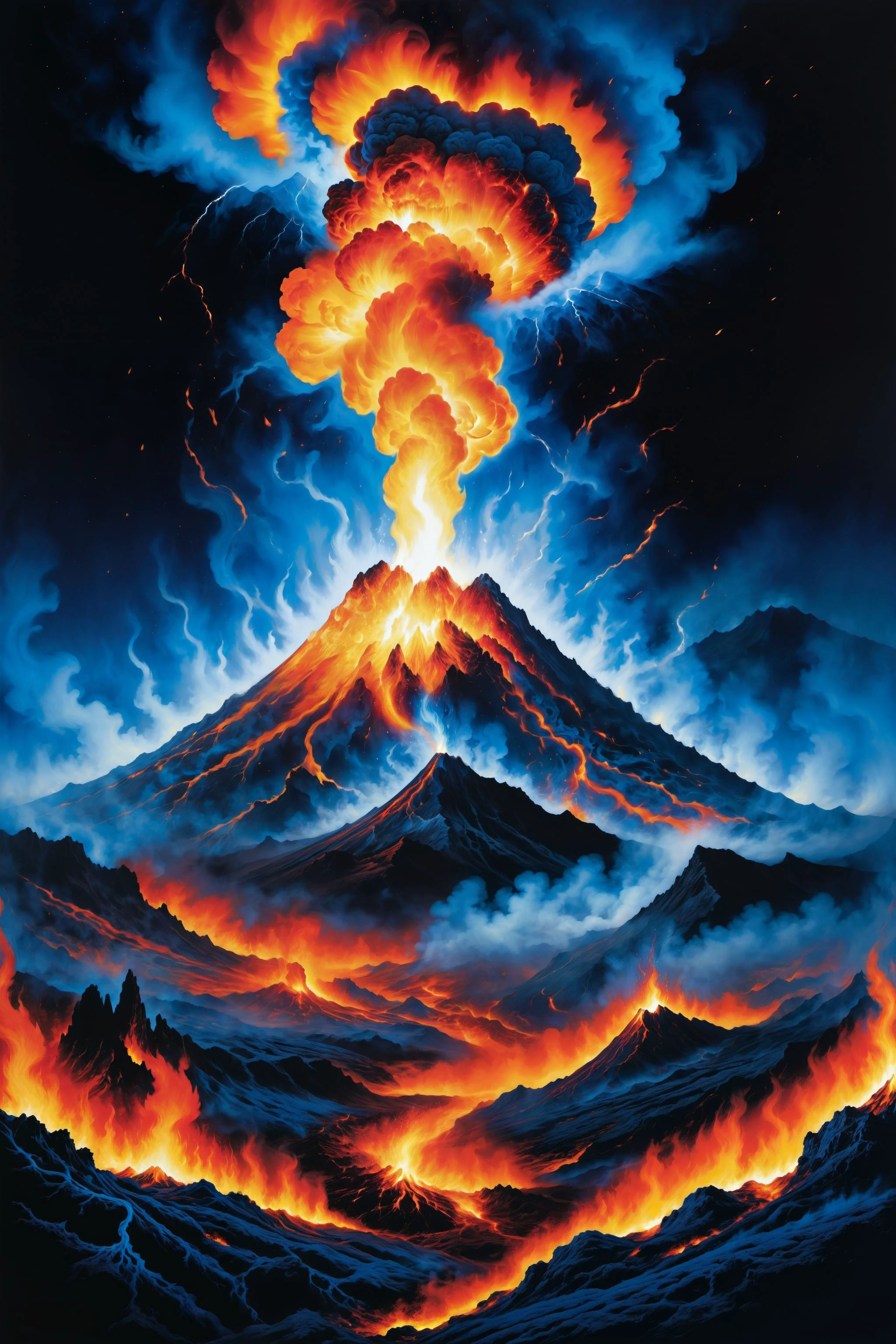 (ultra-detailed), (masterpiece), (best quality), (depth of field), (sharp focus), (cinematic lighting), (vibrant colors), <lora:add-detail-xl:0.7> <lora:SDXLStencilStyleFAE:0.7> stencil style, stenciled, eruption of cosmic energy, landscape on fire, blue flames, scenic, smoke, mysterious