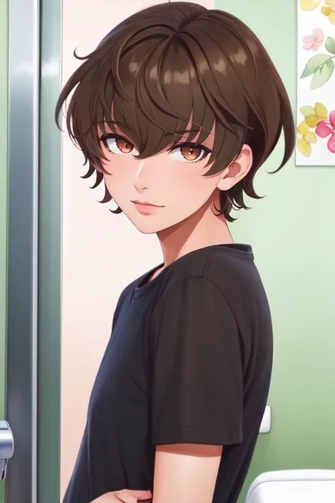 (best quality:1.1), (masterpiece:1.4), , 1boy, solo, male focus, looking at viewer, upper body, , (watercolor illustration, soft pastel colors:1.1), realistic, <lora:shuugo_sekiya:0.98>, shuugo_sekiya, brown hair, brown eyes, bangs, hair between eyes, short hair, , toilet stall, HDR