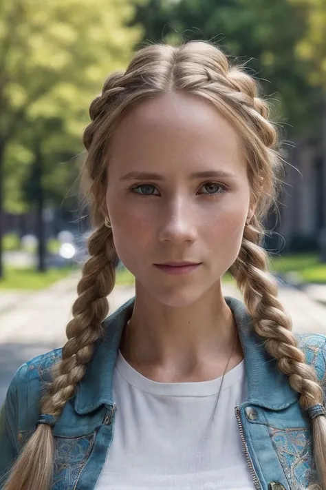 portrait of S235_DianaSedova,a gorgeous woman,in a (town),wearing a (jacket:1.1),(braids),(8k, RAW photo, best quality, depth of field, ultra high res:1.1),(absurdres, intricate, photorealistic, masterpiece, ultra-detailed:1.2),