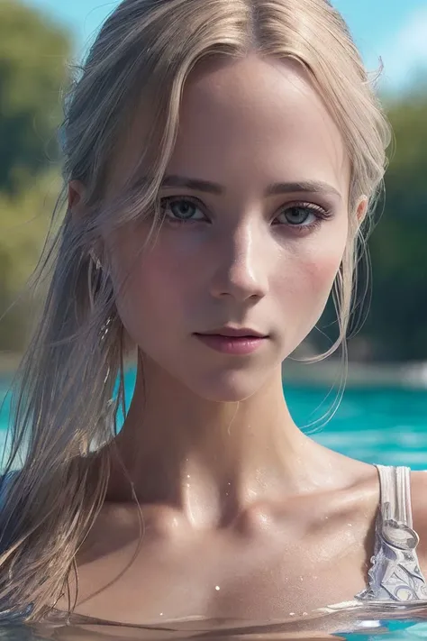 portrait of S235_DianaSedova,a beautiful woman, swimming in a (lagoon),wearing a (crewneck:1.1),(wet-hair),(8k, RAW photo, best quality, depth of field, ultra high res:1.1),(absurdres, intricate, photorealistic, masterpiece, ultra-detailed:1.2),