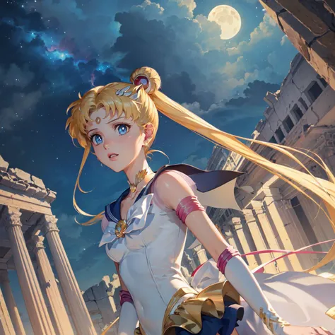 (((masterpiece))), (((best quality))), ((ultra-detailed)), (highly detailed CG illustration), ((an extremely delicate and beautiful)),cinematic light, sailor moon, eternal sailor moon, sky, nebula,  <lora:eternal_sailor_moon-v10:0.6>, moon palace, (palace ruins)