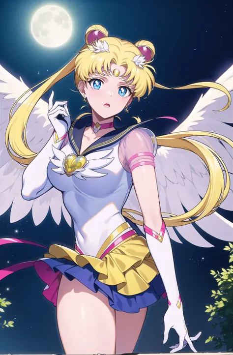 photorealistic, (hyperrealistic:1.2), (extremely detailed CG unity 8k wallpaper), (ultra-detailed), masterpiece, best quality, 1girl, eternal sailor moon, moonlight, night sky, wings, cowboy shot