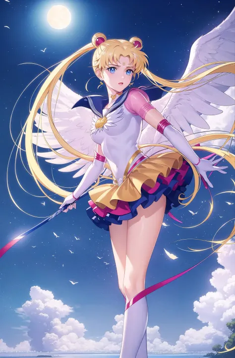 photorealistic, (hyperrealistic:1.2), (extremely detailed CG unity 8k wallpaper), (ultra-detailed), masterpiece, best quality, 1girl, eternal sailor moon, moonlight, wings
