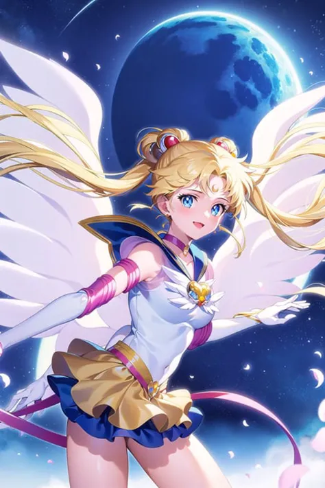 1girl, eternal sailor moon, night sky, cherry blossoms, detailed face, face focus, shiny skin, smile, game cg, torino aqua, nigh sky, moonlight, moon, (wings 1.5), white gloves