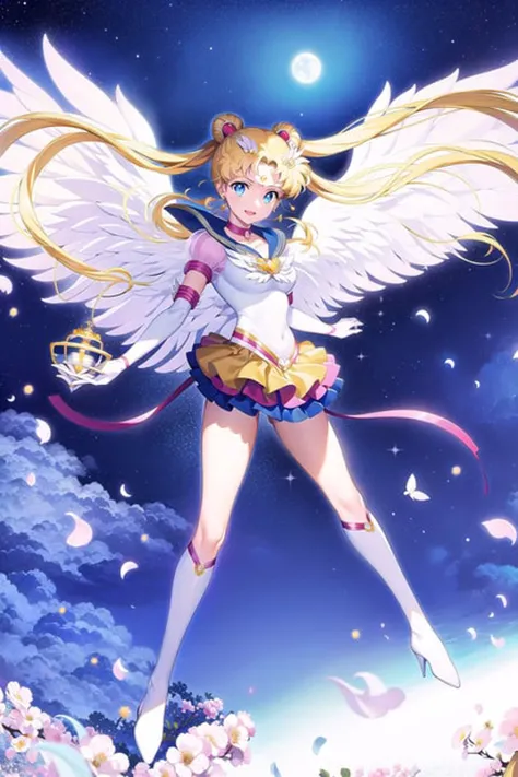 1girl,  eternal sailor moon, night sky,  cherry blossoms, detailed face, face focus, shiny skin, smile, game cg,  torino aqua, nigh sky, moonlight, moon, (wings 1.5), white gloves, fullbody