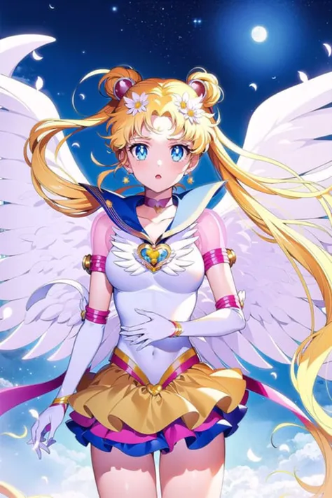 1girl, eternal sailor moon, night sky, cherry blossoms, detailed face, face focus, shiny skin, game cg, nigh sky, moonlight, moon, (wings 1.5), white gloves, magical girl, flyring
