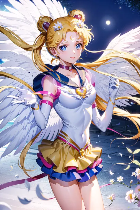 1girl, eternal sailor moon, night sky, cherry blossoms, detailed face, face focus, shiny skin, smile, game cg, nigh sky, moonlight, moon, (wings 1.5), white gloves