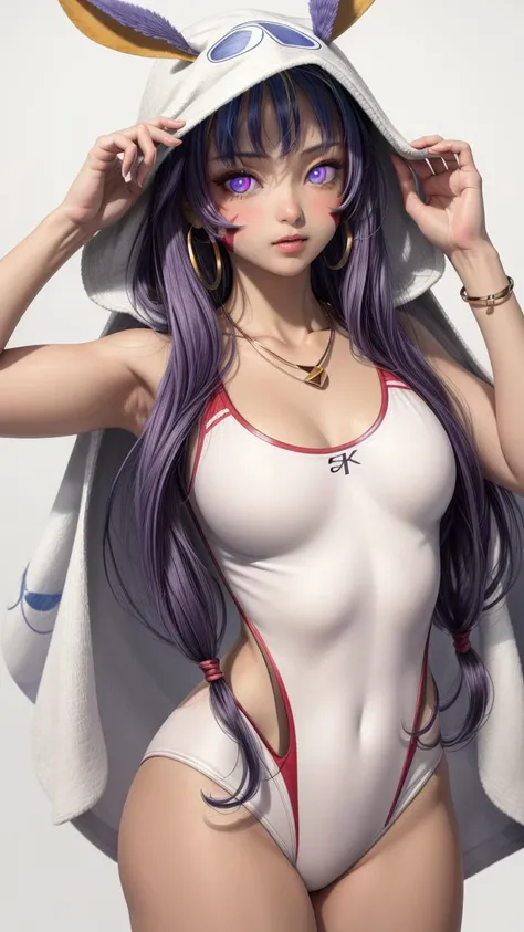 (1girl, solo, masterpiece, 4k, best quality:1.2, (cowboy shot), best quality:1.2, NICE HANDS, COLORFUL, (perfect hands, perfect anatomy)),
nit1, animal ears, dark skin, long hair, facial mark, hairband, white one-piece swimsuit, white swimsuit, jewelry, necklace, collarbone, white shawl, hood up,
((simple background, white background)), <lora:GoodHands-vanilla:0.7>