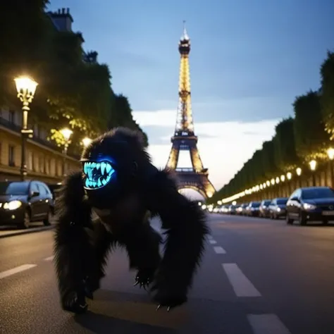 cinematic photo  a black gorilla monster running, glowing teeth, night, Paris street, eiffel tower <lora:AttackAlien1024:0.7> . 35mm photograph, film, bokeh, professional, 4k, highly detailed