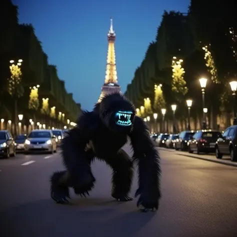 cinematic photo  a black gorilla monster running, glowing teeth, night, Paris street, eiffel tower <lora:AttackAlien1024:0.7> . 35mm photograph, film, bokeh, professional, 4k, highly detailed
