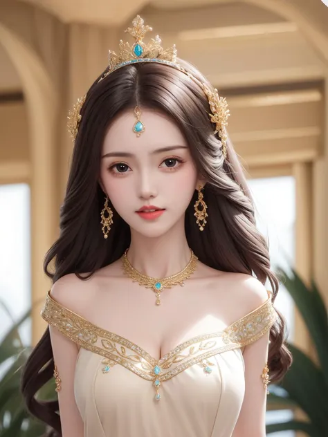 ,1girl, long hair, crown, forehead jewel, dress,arms behind back, looking at viewer, necklace,jewelry, <lora:shanhaiguanFACE_20230705194650:0.7>,