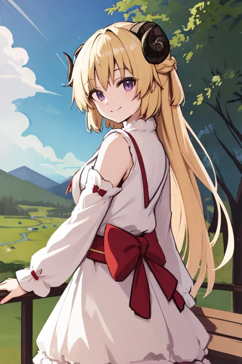masterpiece, tsunomaki watame, purple eyes, blonde hair, long hair, sheep horns, sheep ears, half updo, smile, outdoors