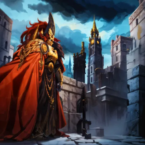 Generate a stunning art style, a true [masterpiece] [best quality] of art. The image showcases [detailed linework], [dynamic shading], and [dramatic lighting], bringing to life a [dreading atmosphere, grim dark coloures] . In the background a [gothic hive spire palace, warhammer 40k] is to be seen in [grand:1.8, high-scale:1.8, panorama:1.8]  from  [from below]. A [thunder storm:1.2, midnight, horror ambiance] is raging.
A custodes, solo is [full body view, standing, from from above ] in front of the edge of a tower.  He is wearing a [stunning intricate ornamented metallic armor] with [detailed helmet, silver and gold detailing, fur details, cape, intricate ornamented].  He is holding a[standard].
<lora:more_details:1>   <lora:Custodes MK1 by CARAXES:0.7>