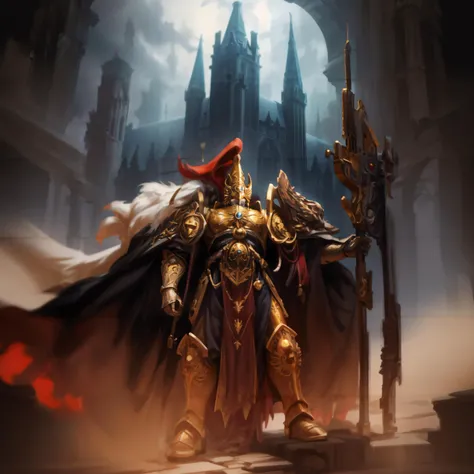 Generate a stunning art style, a true [masterpiece] [best quality] of art. The image showcases [detailed linework], [dynamic shading], and [dramatic lighting], bringing to life a [dreading atmosphere, grim dark coloures] . In the background a [gothic hive spire palace, warhammer 40k] is to be seen in [grand:1.8, high-scale:1.8, panorama:1.8]  from  [from below]. A [thunder storm:1.2, midnight, horror ambiance] is raging.
A custodes, solo is [full body view, standing, from from above ] in front of the edge of a tower.  He is wearing a [stunning intricate ornamented metallic armor] with [detailed helmet, silver and gold detailing, fur details, cape, intricate ornamented].  He is holding a[standard].
<lora:more_details:1>   <lora:Custodes MK1 by CARAXES:0.7>