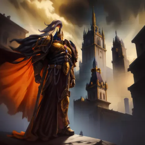 Generate a stunning art style, a true [masterpiece] [best quality] of art. The image showcases [detailed linework], [dynamic shading], and [dramatic lighting], bringing to life a [dreading atmosphere, grim dark coloures] . In the background a [gothic hive spire palace, warhammer 40k] is to be seen in [grand:1.8, high-scale:1.8, panorama:1.8]  from  [from below]. A [thunder storm:1.2, midnight, horror ambiance] is raging.
A custodes, solo is [full body view, standing, from from above ] in front of the edge of a tower.  He is wearing a [stunning intricate ornamented metallic armor] with [detailed helmet, silver and gold detailing, fur details, cape, intricate ornamented].  He is holding a[standard].
<lora:more_details:1>   <lora:Custodes MK1 by CARAXES:0.7>