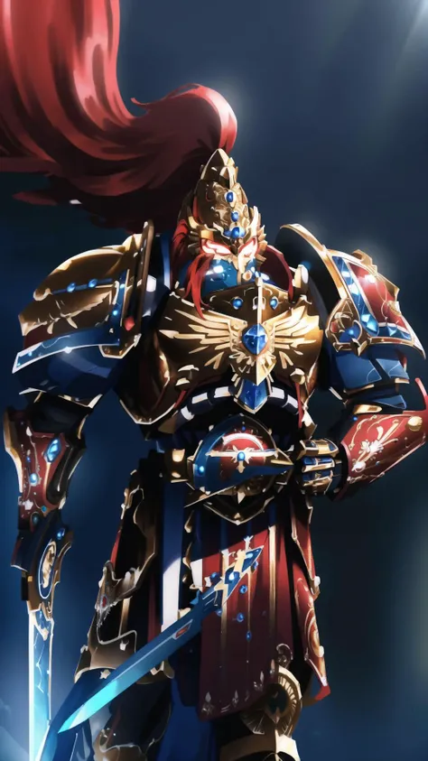 <lora:Custodes MK1 by CARAXES:0.8> custodes, full armor, golden armor, (helmet:1.15), bladechampion, blue power sword, red loincloth, red ponytail, masterpiece, best quality, extremely detailed, highly quality, 4k, sharp focus, professional, sharp focus, award winning, cinematic lighting, octane render, unreal engine, volumetrics dtx, Wallpaper,