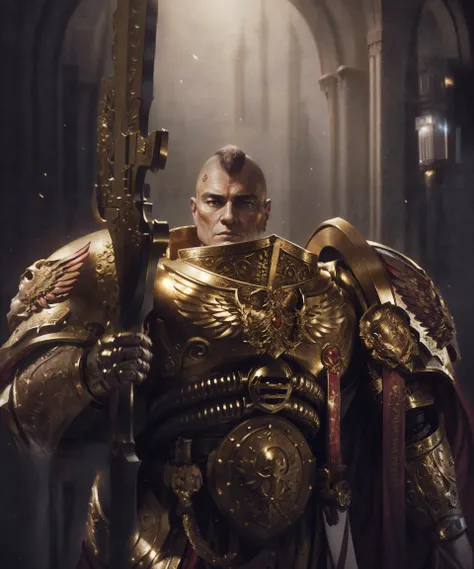 portrait of custodes valdor wearing golden armor, holding a spear, helmet removed, short hair, broad shoulders, tall. Veteran mature warrior with tan skin, masculine square jaw, detailed facial features, thoughtful expression, intricate skin detail, skin pores, matte skin,
rich baroque (medieval palace interior in the background:1.1), bronze and red decorations, in the style of dark scifi, dark fantasy,
dim ambient lighting, soft lighting, caustics, high resolution RAW photography, depth of field, lens flare, light particles, cinematic bokeh, hyper realistic,
<lora:more_details:0.6> <lora:Custodes MK1 by CARAXES:0.8>