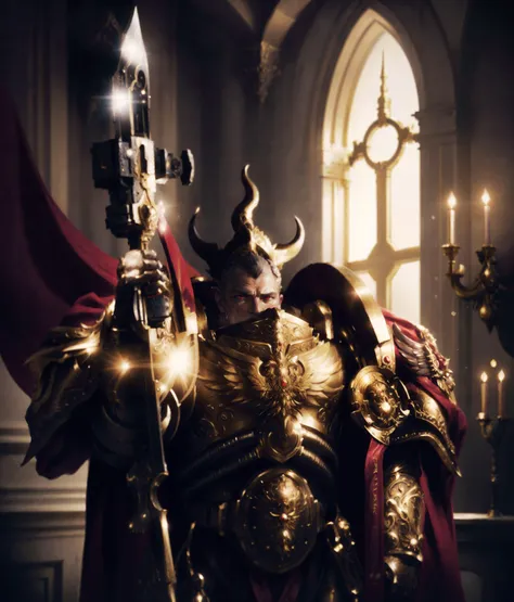 portrait of custodes valdor wearing golden armor, holding a spear, helmet removed, short hair, broad shoulders, tall. Veteran mature warrior with tan skin, masculine square jaw, detailed facial features, thoughtful expression, intricate skin detail, skin pores, matte skin,
rich baroque (medieval palace interior in the background:1.1), bronze and red decorations, in the style of dark scifi, dark fantasy,
dim ambient lighting, soft lighting, caustics, high resolution RAW photography, depth of field, lens flare, light particles, cinematic bokeh, hyper realistic,
<lora:more_details:0.6> <lora:Custodes MK1 by CARAXES:0.8>