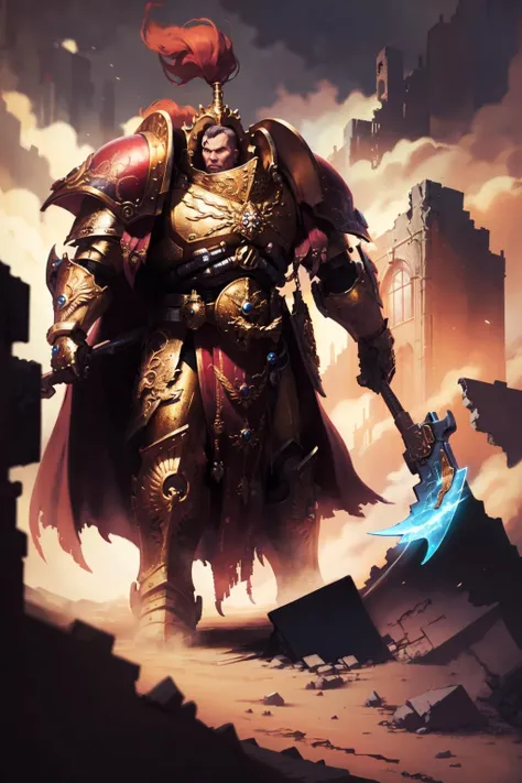 Photo of custodes in a desolate landscape with short hair wearing intricate ornamented metallic armor, with an axe, helmet, terminator armor, cape,
(1man:1.1), (big pipe:1.1), a ruined city looming in the distance. ascended
<lora:Custodes MK1 by CARAXES:0.8>