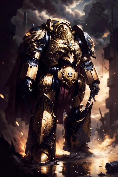 volumetric cinematic lighting, (highly detailed:1.4), smooth, sharp focus, full body 8k unity render, action shot, realistic reflections, cinematic composition, <lora:tool - more_details:0.7>
custodes, dreadnaught armor, <lora:Custodes MK1 by CARAXES:0.8>
tall stature, detailed armor, detailed helmet, silver and gold detailing, fur details, cape,
intricate ornamented, full armor, holding spear,
rugged, metallic sheen armor, dynamic posture, fighting, battle
battle, war-torn, landscape background, particles floating, cloudy ash sky, very dark lighting, light from explosion, heavy shadows,