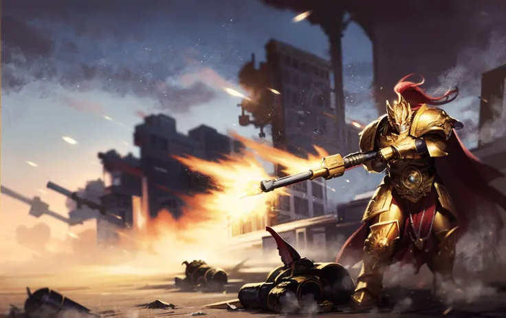 volumetric cinematic lighting, (highly detailed:1.4), smooth, sharp focus, full body 8k unity render, action shot, realistic reflections, cinematic composition, <lora:tool - more_details:0.7>
custodes, terminator armor, <lora:Custodes MK1 by CARAXES:0.8>
tall stature, detailed armor, detailed helmet, silver and gold detailing, fur details, cape,
intricate ornamented, full armor, holding spear,
rugged, metallic sheen armor, dynamic posture, fighting, battle
battle, war-torn, landscape background, particles floating, cloudy ash sky, very dark lighting, light from explosion, heavy shadows,