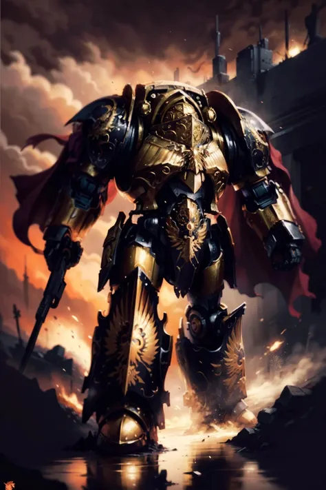 volumetric cinematic lighting, (highly detailed:1.4), smooth, sharp focus, full body 8k unity render, action shot, realistic reflections, cinematic composition, <lora:tool - more_details:0.7>
custodes, dreadnaught armor, <lora:Custodes MK1 by CARAXES:0.8>
tall stature, detailed armor, detailed helmet, silver and gold detailing, fur details, cape,
intricate ornamented, full armor, holding spear,
rugged, metallic sheen armor, dynamic posture, fighting, battle
battle, war-torn, landscape background, particles floating, cloudy ash sky, very dark lighting, light from explosion, heavy shadows,