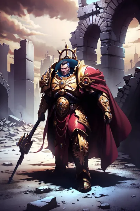 Photo of custodes, valoris in a desolate landscape with short hair wearing intricate ornamented metallic armor, with an axe, full armor, cape,
(1man:1.1), (big pipe:1.1), a ruined city looming in the distance. ascended
<lora:Custodes MK1 by CARAXES:0.8>