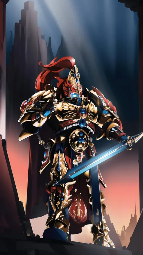 <lora:Custodes MK1 by CARAXES:0.8> custodes, full armor, golden armor, (helmet:1.15), bladechampion, blue power sword, red loincloth, red ponytail, masterpiece, best quality, extremely detailed, highly quality, 4k, sharp focus, professional, sharp focus, award winning, cinematic lighting, octane render, unreal engine, volumetrics dtx, Wallpaper,
