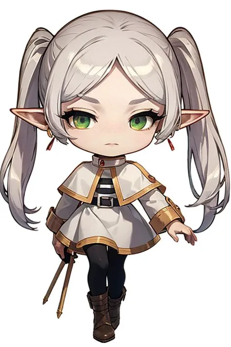 masterpiece,best quality,min,1girl,solo,full body,expressionless,
looking at viewer,fll,twintails,pointy ears,round face,white hair,green eyes,elf,pantyhose,long hair,earrings,black pantyhose,white capelet,long sleeves,dress,white background,simple background,chibi,<lora:fll-v100:0.8>,<lora:maplestory:0.9>,