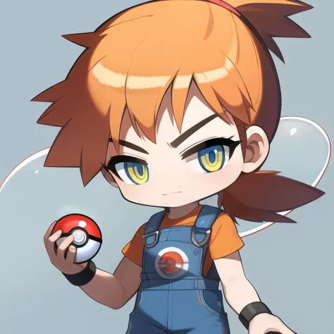 (highres:1.1), best quality, (masterpiece:1.3), 8k, 4k,1boy, chibi,solo,(misty:1.3) ,pokemon, bright orange hair, blue overalls, yellow croptop, one ponytail, holding pokeball <lora:maplestory>