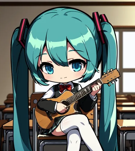 chibi,8k, 4k,1girl, solo, instrument, hatsune miku, skirt, thighhighs, twintails, long hair, sitting, guitar, shirt, classroom, (playing instrument:1.3), desk, indoors, white shirt, school uniform, bow, school desk, black thighhighs, crossed legs, collared shirt, music, pleated skirt, very long hair, holding, bowtie, window, black skirt, cherry blossoms, blue hair, chair, school chair, (acoustic guitar), red bow, blue eyes, (holding instrument), long sleeves, vest, hair between eyes, bangs, red bowtie, zettai ryouiki, closed mouth, grey vest,(chibi:1.3)