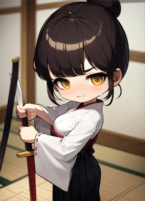 chibi,8k, 4k,nsfw,long hair, 1girl, sword, weapon, solo, japanese clothes, shinai, brown eyes, towel, black hair, holding, sweat, hakama, looking at viewer, bangs, parted lips, wooden sword, indoors, blurry background, hakama skirt, breasts, hair bun, skirt, dutch angle, single hair bun, holding towel, wiping sweat, standing, kimono, blue hakama, holding sword, blurry, holding weapon, long sleeves, sidelocks,chibi
