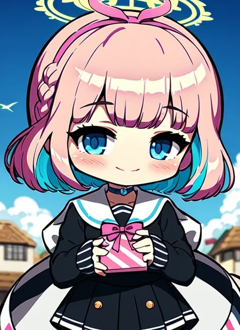 8k, 4k,nsfw,chibi,1girl, arona (blue archive), solo, skirt, blue eyes, blue hair, sky, school uniform, white skirt, cloud, smile, hair over one eye, halo, multicolored hair, braid, white sailor collar, box, sailor collar, pink hair, blue sky, holding, serafuku, shirt, pleated skirt, choker, long sleeves, looking at viewer, white choker, holding gift, gift, hairband, two-tone hair, bangs, blue shirt, day, single braid, short hair, outdoors, white hairband, closed mouth, valentine, ribbon, bow, blush, sleeves past wrists, gift box