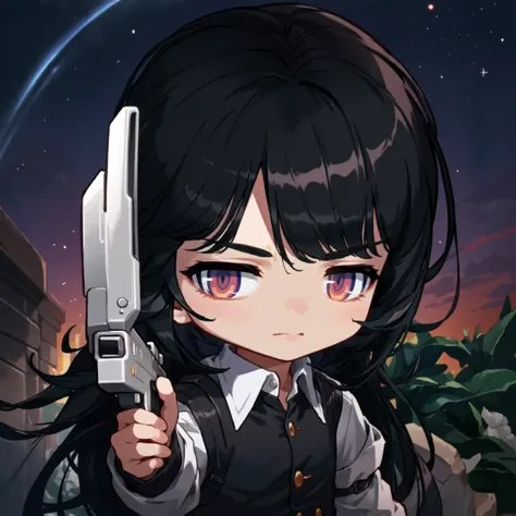 8k, 4k,nsfw,(chibi:1.2), <lora:maplestory20:1>,
1boy, black hair, unkempt hair, bangs, dead eyes, holding a pistol, collared shirt, night sky