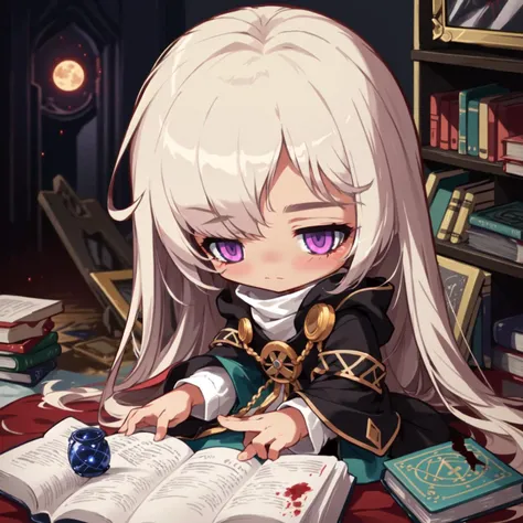 1girl,(tanned skin:1.4),
(grey hair:1.1),long hair, (hair_over_one_eye:1.3), (purple eyes:1.1),
8k, 4k,nsfw,(chibi:1.2),1girl, solo, Blood Moon, Summoner, Book, magic circle,
<lora:maplestory20:1>