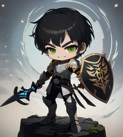 solo, green eyes, smile, boots, holding, short hair, teeth,
1boy,warrior,fighting pose, full body, holding sword right,holding shield left, chibi, standing, full armor,
(highres:1.1), best quality, (masterpiece:1.3),(sfw:1.2)
<lora:maplestory20:1>,8k, 4k,highres, best quality, masterpiece