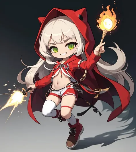 ,8k, 4k,highres, best quality, masterpiece,1warrior, fire, fighting pose, solo, red hair, green eyes, smile, boots, holding, hood, standing on one leg, full body, holding staff, hood up, chibi, standing, brown footwear, looking at viewer, long hair, white hair, , magic, teeth, midriff, black socks, kneehighs, pyrokinesis, gem, socks, leg up, bangs, red shirt, thighhighs, upper teeth only,
 (highres:1.1), best quality, (masterpiece:1.3),(nsfw:1.2)
 <lora:maplestory20:1>