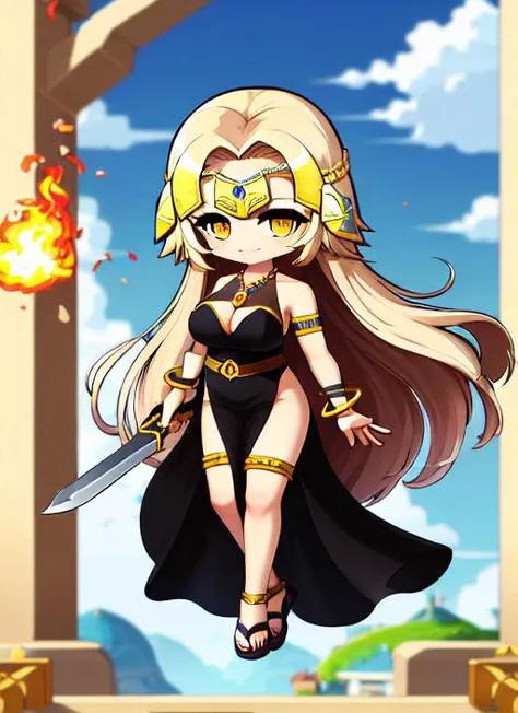 8k, 4k, (highres:1.1), best quality, (masterpiece:1.3),(nsfw),1girl, breasts, blonde hair, long hair, jeanne d'arc (ruler) (fate), jewelry, braid, weapon, solo, large breasts, cleavage, jeanne d'arc (fate), dress, holding, pelvic curtain, necklace, bracelet, sandals, holding weapon, single braid, looking at viewer, full body, pillarboxed, yellow eyes, armlet, thighs, very long hair, circlet, no panties, fire, black dress, bare shoulders, sword, thighlet, chibi