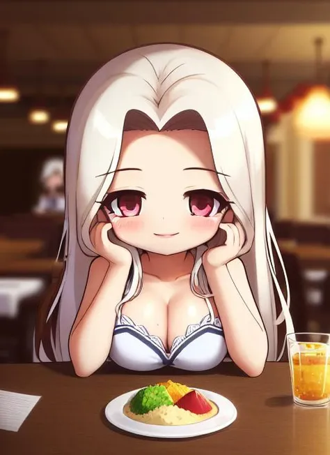 8k, 4k, (highres:1.1), best quality, (masterpiece:1.3),(nsfw),1girl, irisviel von einzbern, white_hair, restaurant, cleavage, dress, parted bangs, smile, blush, elbow rest, head_r
, chibi