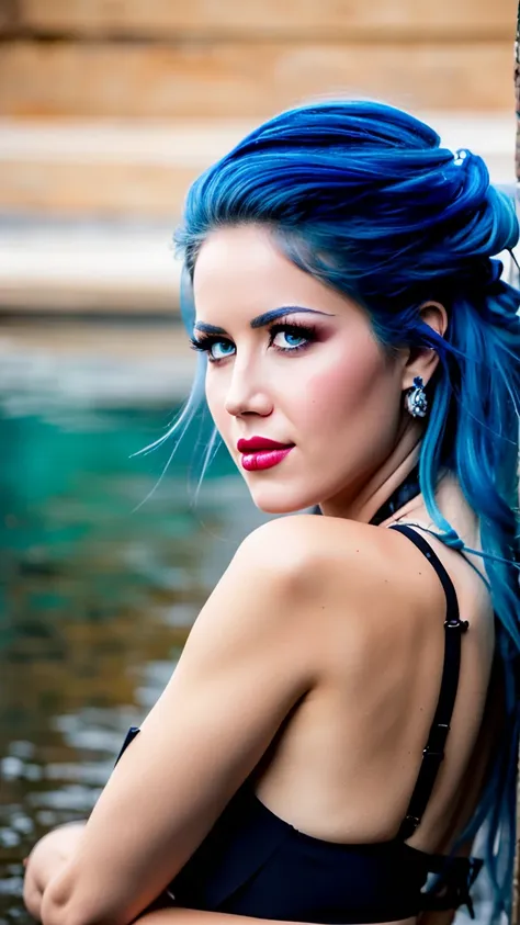 (AlissaWhiteGluzQuiron woman), (blue hair:1.2), 
best quality, masterpiece, highres, photo realistic, ultra realistic, ancient swimming pool, sun tyndall effect,photorealistic, dark studio, rim lighting, tone lighting,(high detailed skin:), 8k uhd, dslr, soft lighting, high quality, volumetric lighting, candid, photograph, high resolution, 4k, 8k, bokeh, ultra realistic 8k cg, (((detailed background))), stunning God-like beauty, striking facial features, detailed hair, dynamic angle, amazing stunningly beautiful, laying down, extremely detailed skin, golden wet skin, 50mm portrait, glamour, perfect soft curves, perfect body, perfect boobs, perfect wide hips, full wet lips, ultra realistic,
<lyco:quiron_AlissaWhiteGluz_Lycoris_v5:1.0>