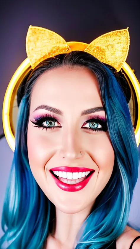 Photoshoot  of AlissaWhiteGluzQuiron woman, blue hair, 
hair bobbles, wince, longeyelashes, solid circle eyes, fake animal ears, light smile, ear blush, fang, Surrealism, drop shadow, anaglyph, stereogram, tachi-e, pov, atmospheric perspective, 8k, super detail, ccurate, best quality
<lyco:quiron_AlissaWhiteGluz_Lycoris_v5:1.0>