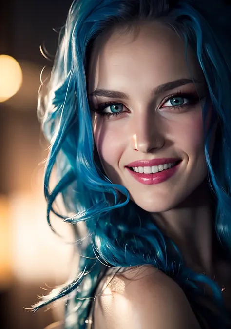 (semi realistic:1.3), Dappled Light, intricate, 
Photoshoot  of AlissaWhiteGluzQuiron woman, blue hair, 
 longeyelashes,  light smile,  (skin texture), (film grain),  (hyper realistic texture skin:1.4),(warm hue, warm tone:1.2), close up, cinematic light, sidelighting,
<lyco:quiron_AlissaWhiteGluz_Lycoris_v5:0.97>