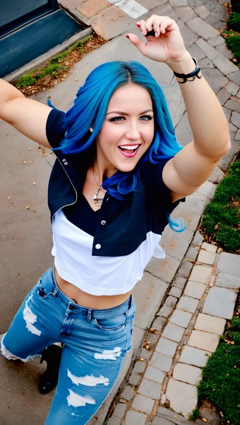 (AlissaWhiteGluzQuiron woman), (blue hair:1.2),
in (((jacket))), tight long white crop top, laughing, black pants, dramatic lighting, highest quality, r Cinematic lighting, hands raised, standing over city, (((top view))), perfect face, looking at viewer, detailed background, (detailed skin), [freckles], natural lighting, (direct light:0.4), 8mm film grain, photographed on a Sony a9 II, 24mm lens, F/2.8 aperture, deep focus, (RAW), 8k
<lyco:quiron_AlissaWhiteGluz_Lycoris_v5:1.0>