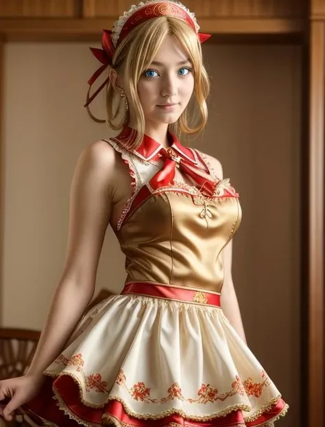 best quality, masterpiece, highres, detailed, realistic, cosplay, <lora:Detail - add_detail:0.2>, AburaHime, <lora:Character - AburaHime:0.7>, oriental clothing, maid uniform, blonde hair, blue eyes,