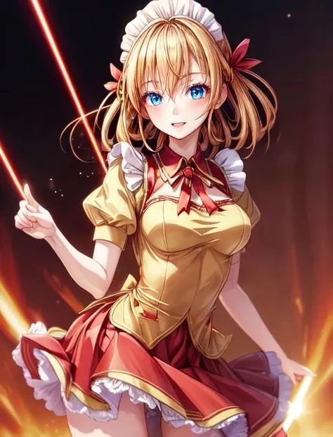 best quality, masterpiece, highres, detailed, digital illustration, <lora:Detail - add_detail:0.2>, AburaHime,  <lora:Character - AburaHime:0.8>, yellow clothes, hair loops, red skirt, oriental clothing, maid uniform, blonde hair, blue eyes, laser, finger laser,